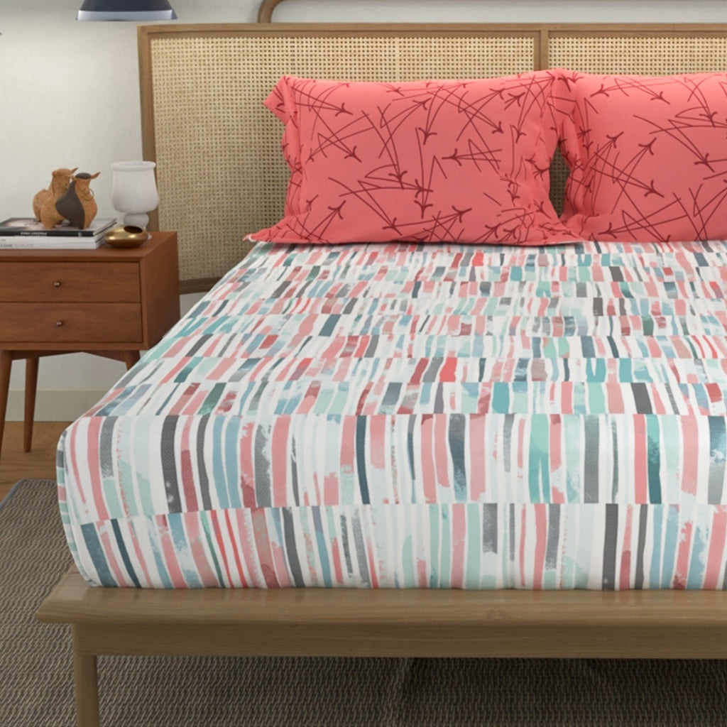 Divine Collection - Cotton Bedsheet With 2 Pillow Covers, Stripes Pink
