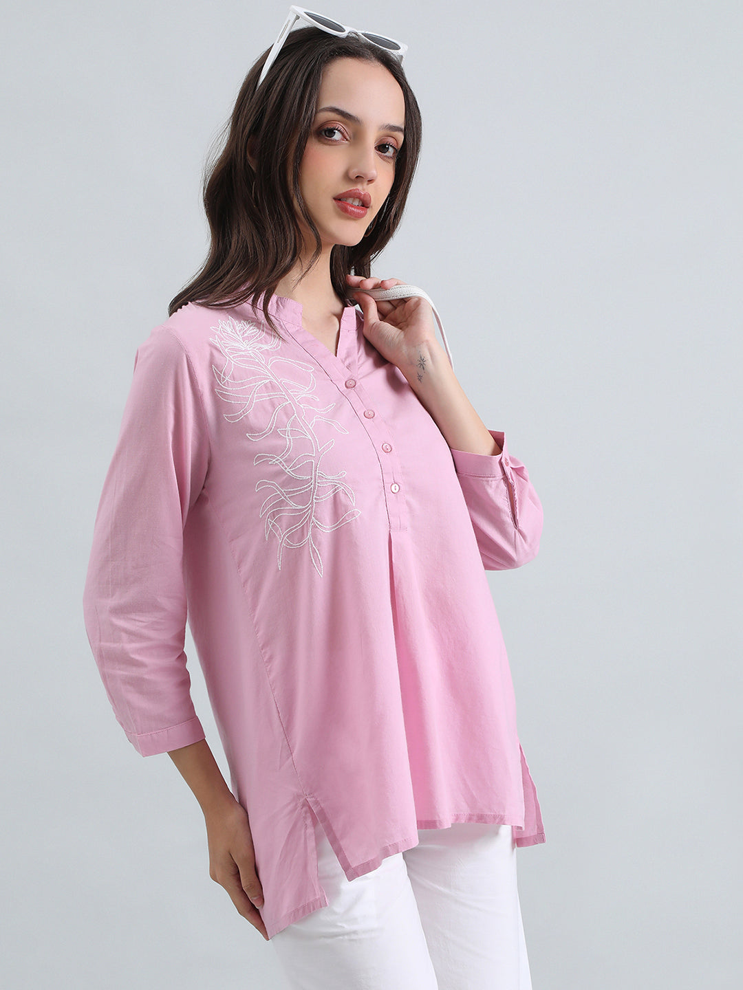 Cambric Cotton Thread Embroidered Mandarin Collar Longline Shirt