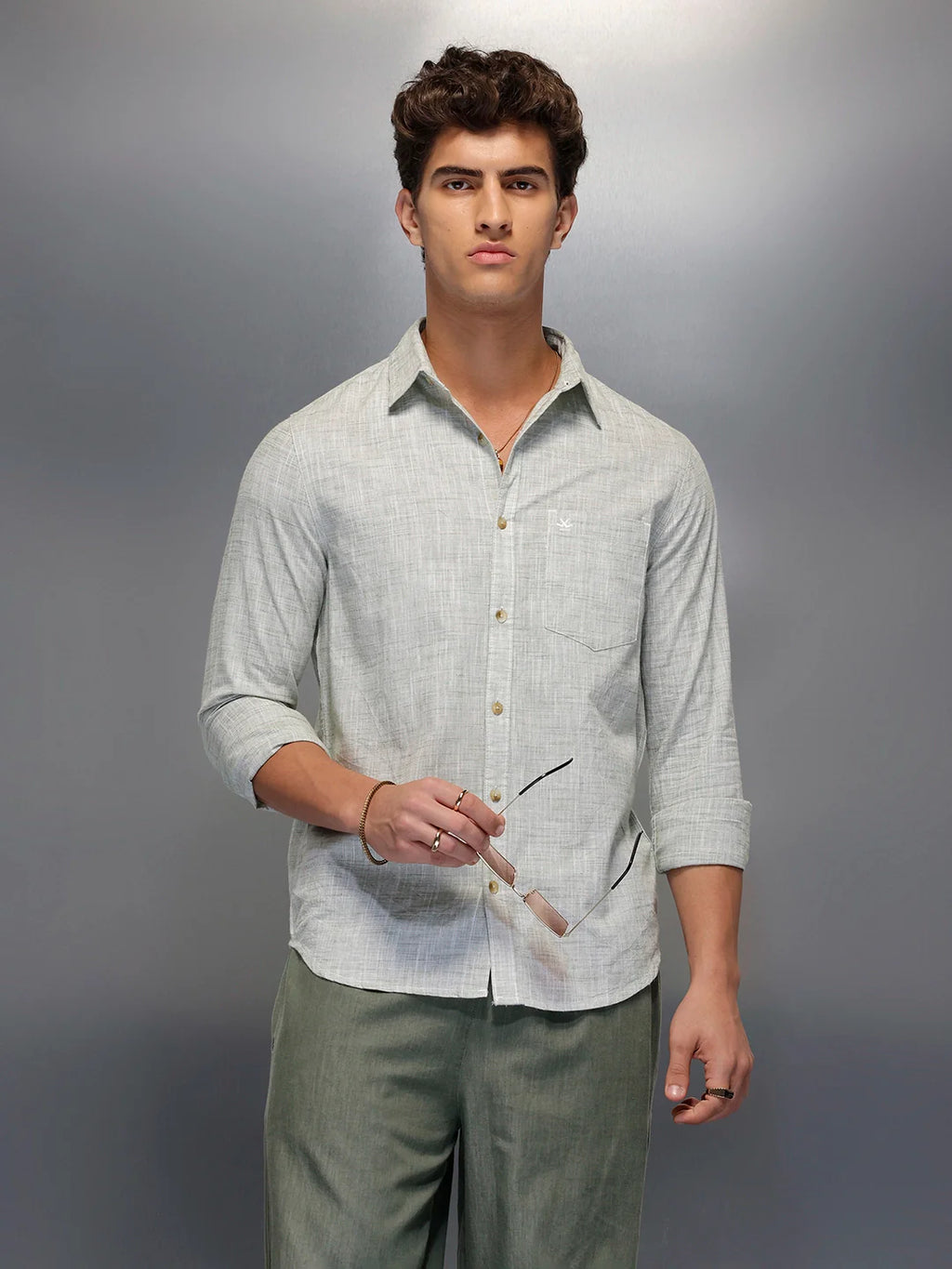 Solid Linen Blend Shirt   |  Green