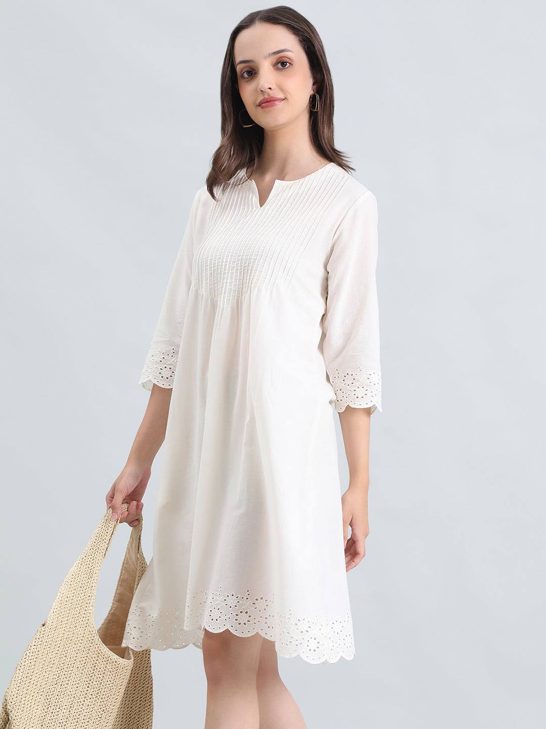 Cambric Cotton Pin-Tuck Schiffli Hakoba Midi Dress