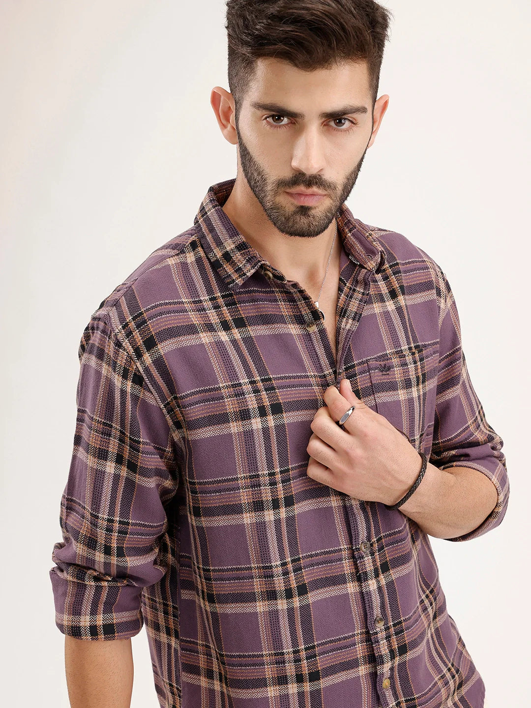 Comfort Fit Herringbone Checkered Shirt | Purple