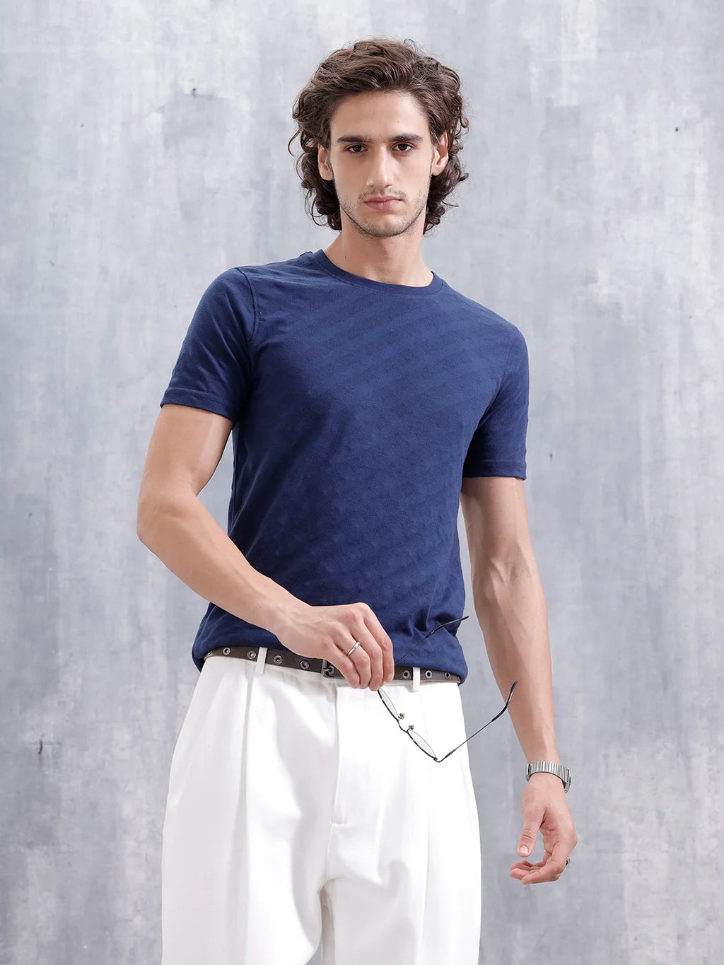Geometric Jacquard Slim Fit Cotton Blend Shirt | Navy Blue