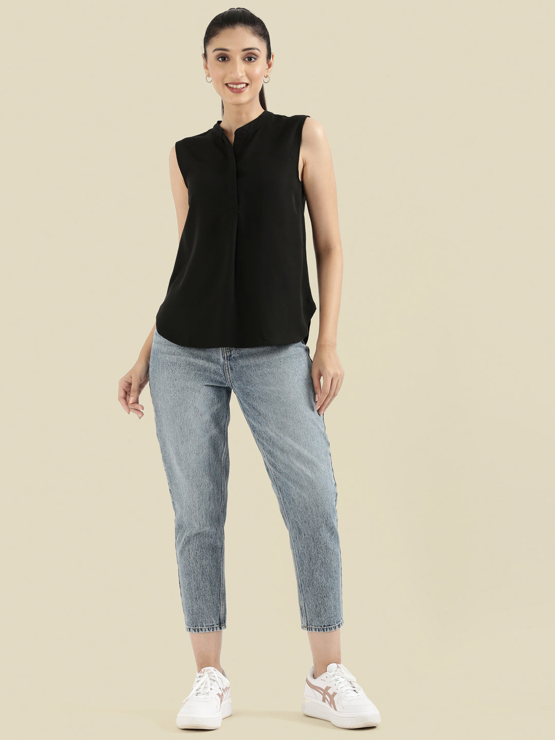 Rayon Mandarin Collar Sleeveless Top