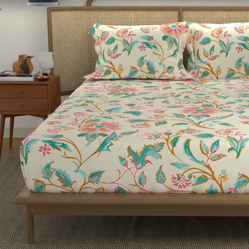 Divine Collection - Cotton Bedsheet With 2 Pillow Covers, Monsoon Buttercream