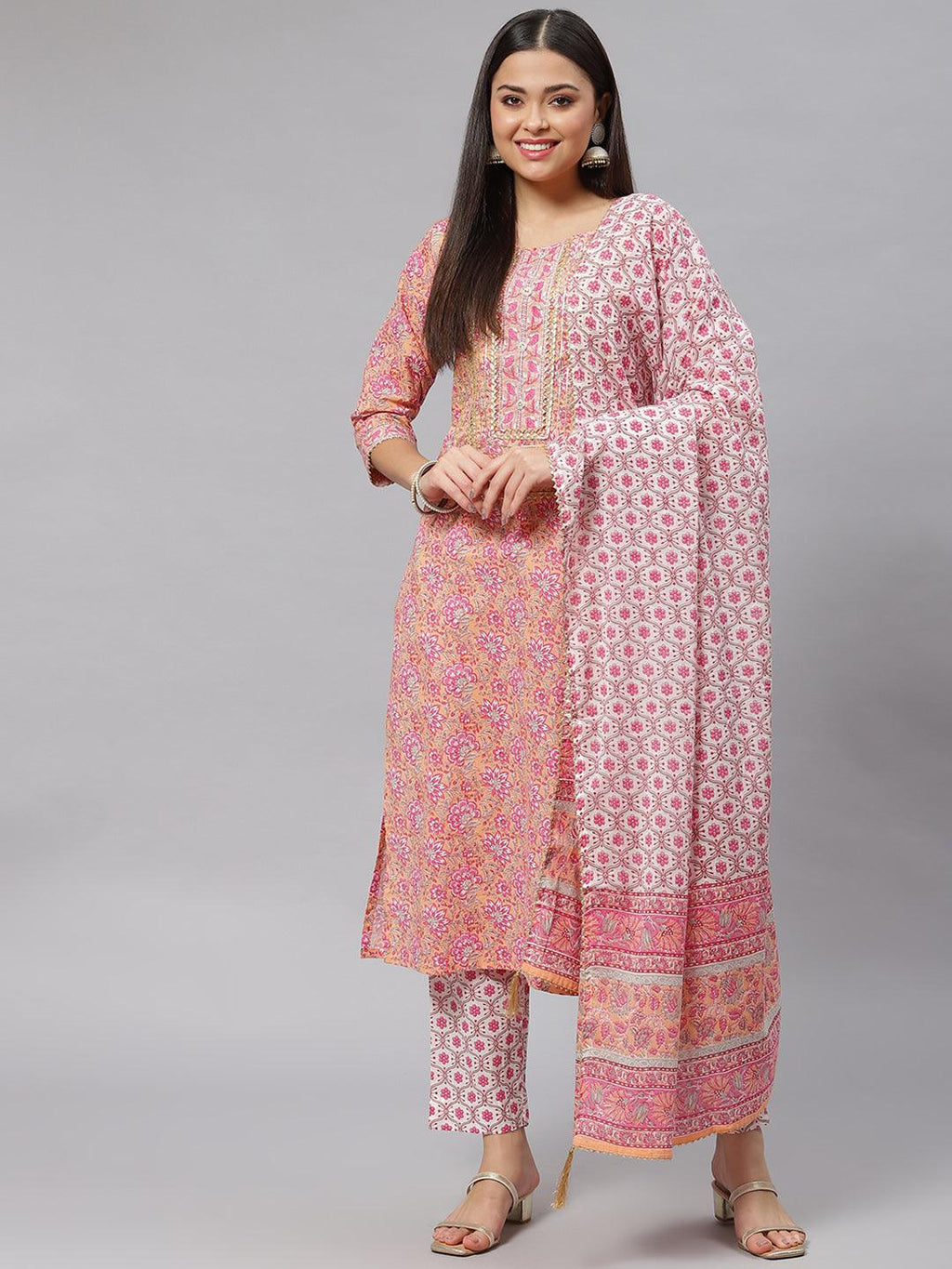 Divena Pink Cotton kurta Pant set with Dupatta