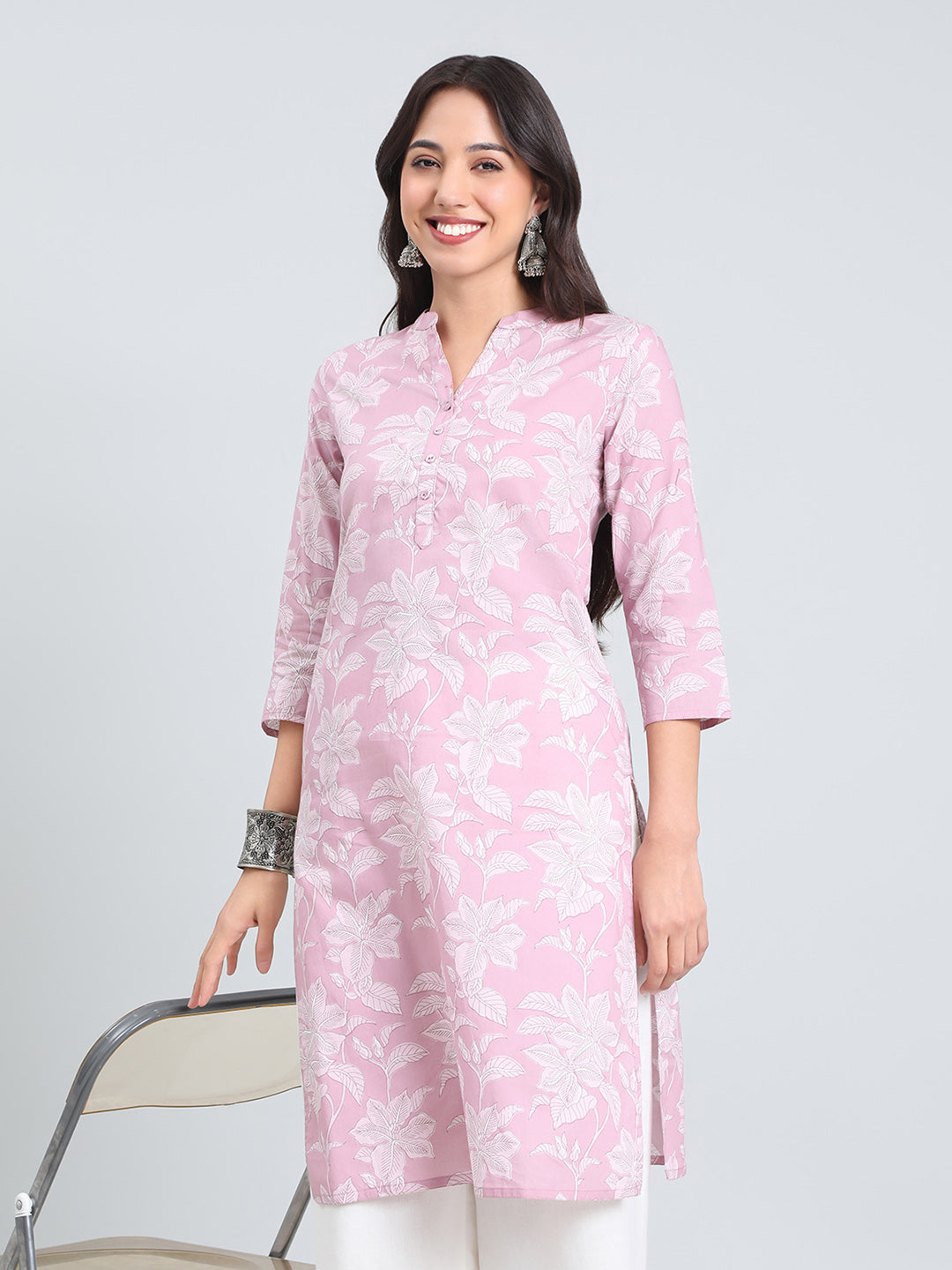 Cotton Floral Block Print Straight Kurta