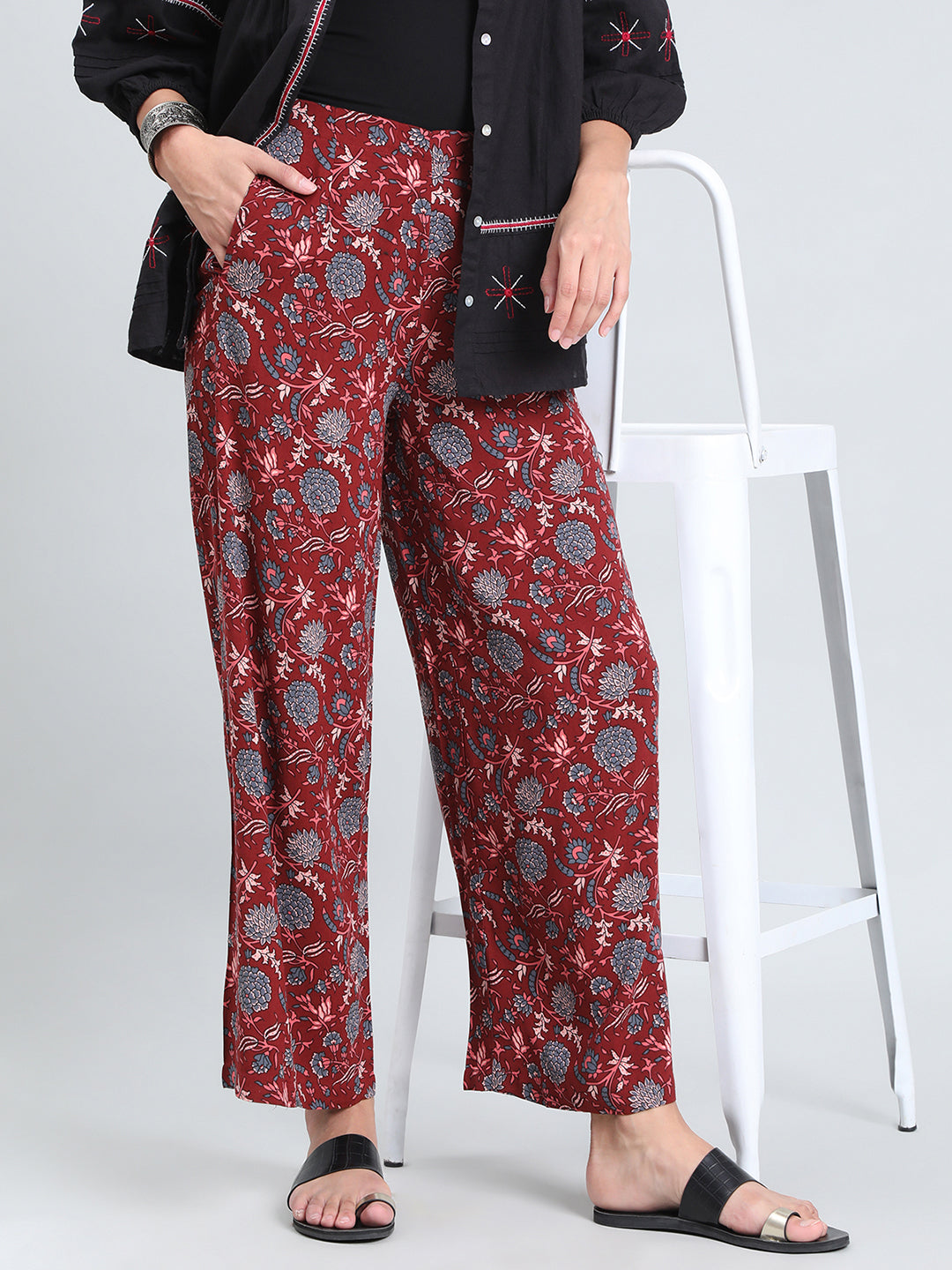 Red Woven Viscose Printed Palazzo