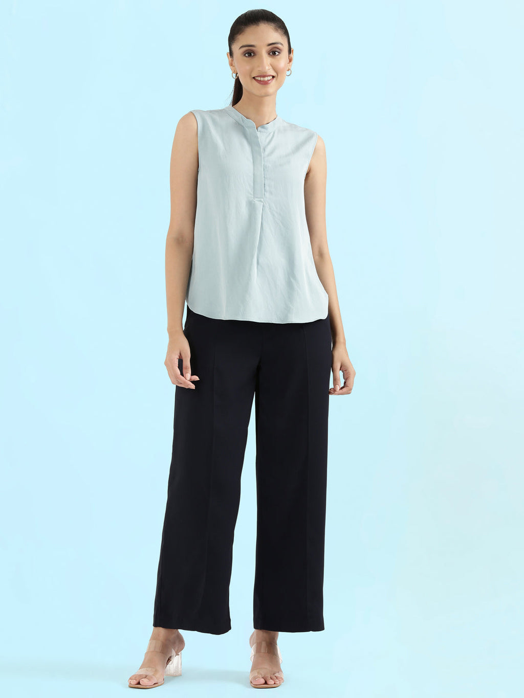 Rayon Mandarin Collar Sleeveless Top