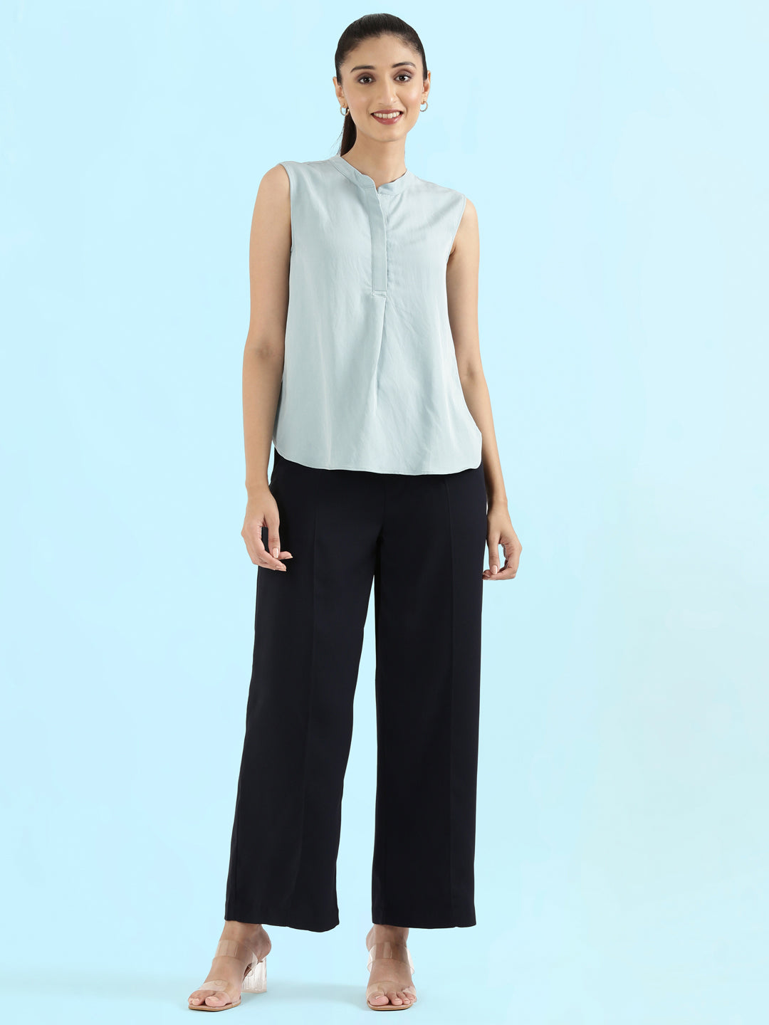 Rayon Mandarin Collar Sleeveless Top