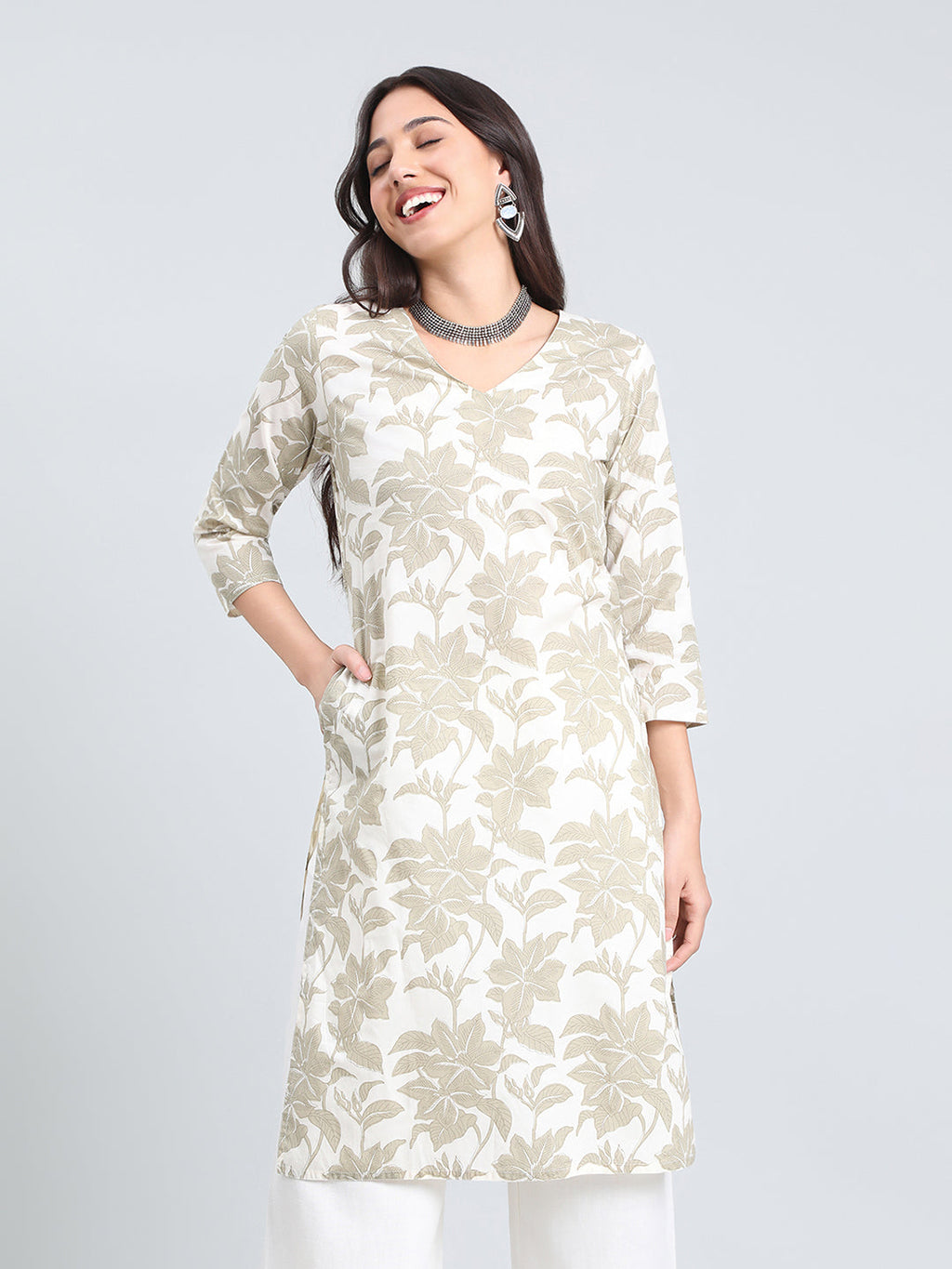 Cotton Floral Block Print Straight Kurta