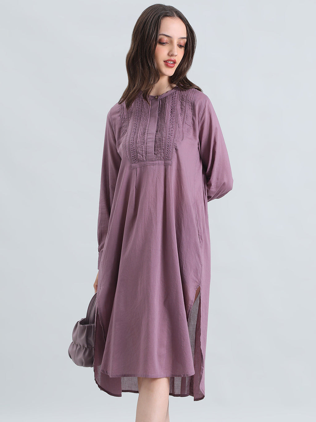 Cotton Pin-Tuck & Lace Trim Mandarin Collar Dress
