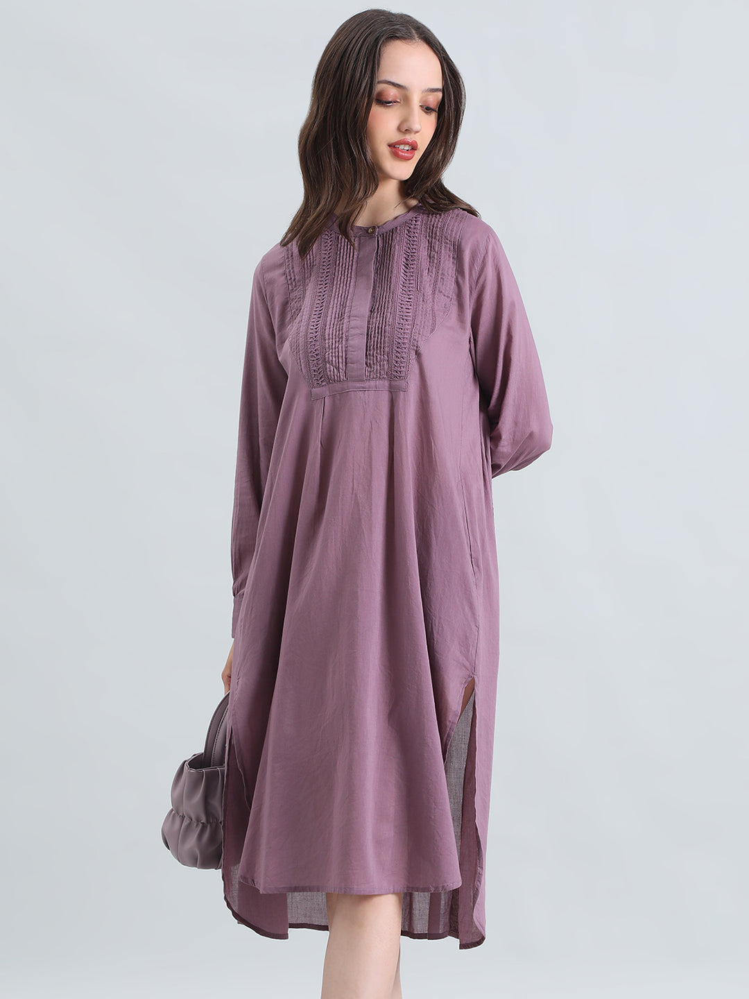 Cotton Pin-Tuck & Lace Trim Mandarin Collar Dress