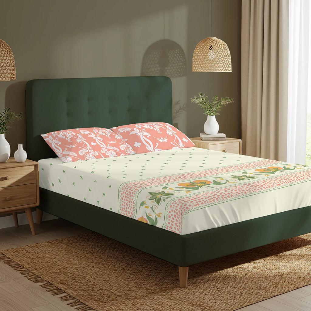 Serene 200 TC 100% Cotton Bedsheet with Pillow Covers - Ivy Bloom Peach