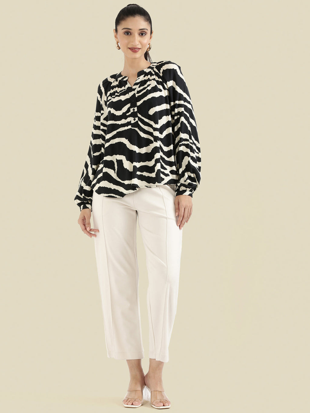Viscose Loose Fit Mandarin Collar Printed Blouse