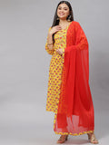 Divena Yellow Floral Cotton Kurta Pant Set with Dupatta