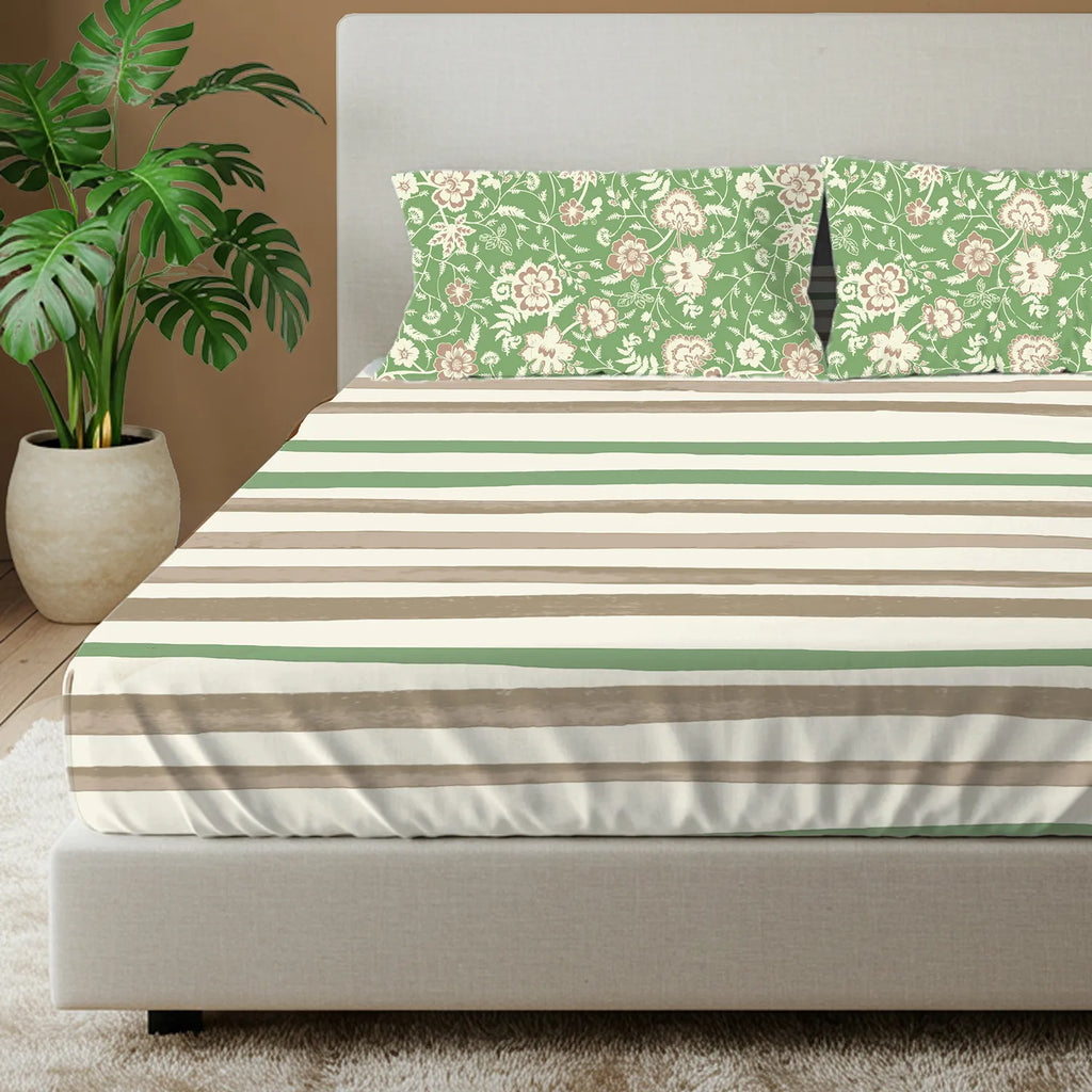 Divine Collection - Cotton Bedsheet With 2 Pillow Covers, Streak Sage Green