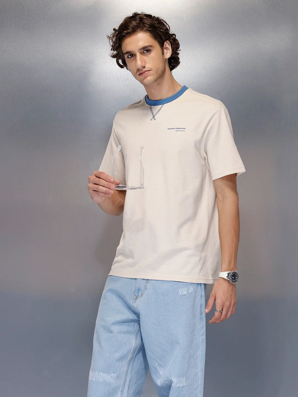 Men’s solid beige casual T-shirt with contrast crew neck | Beige