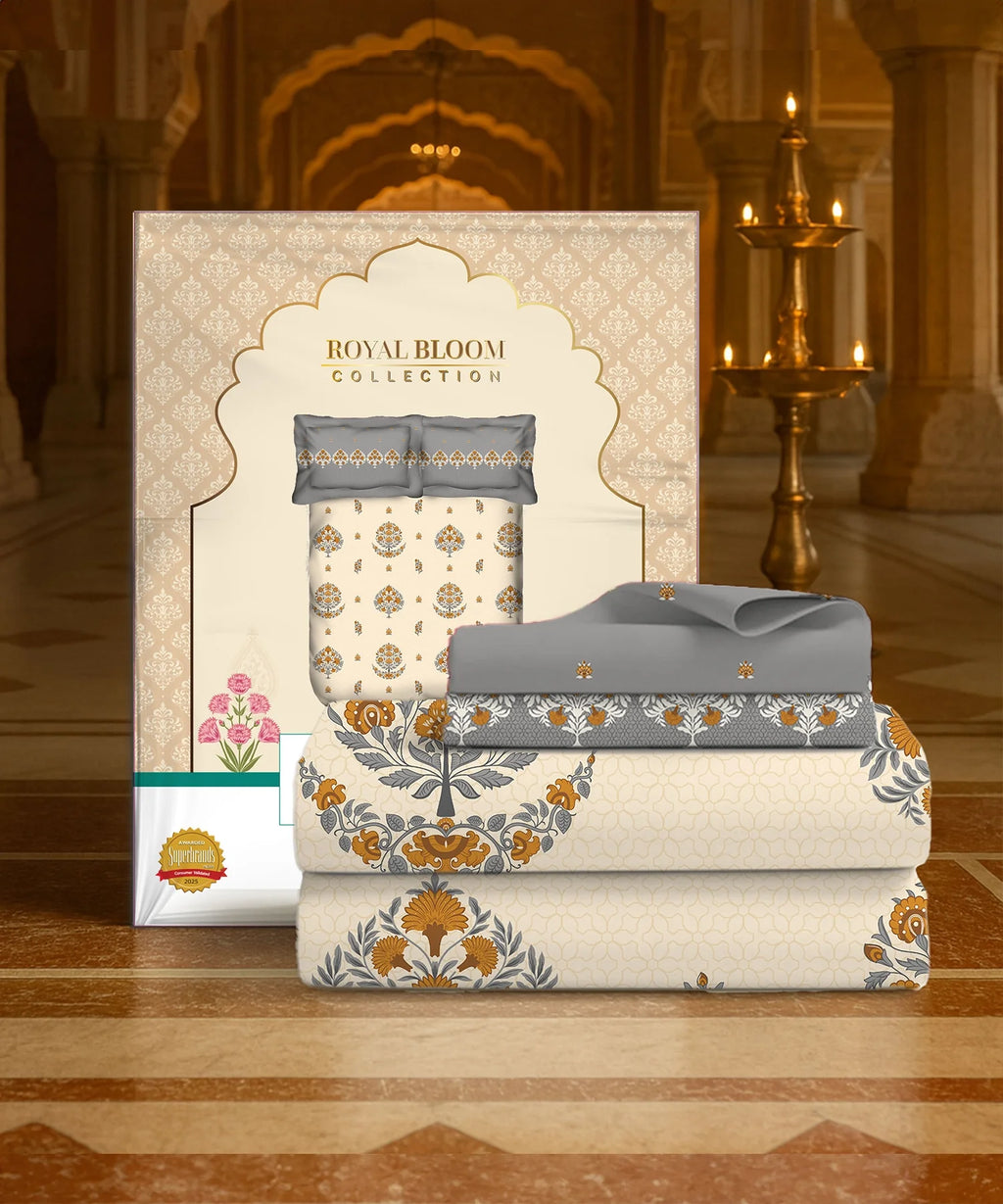 Home Essential Royal Bloom Queen Bedsheet Set, Lindon Grey| 144TC Cotton| 2 Pillow Covers