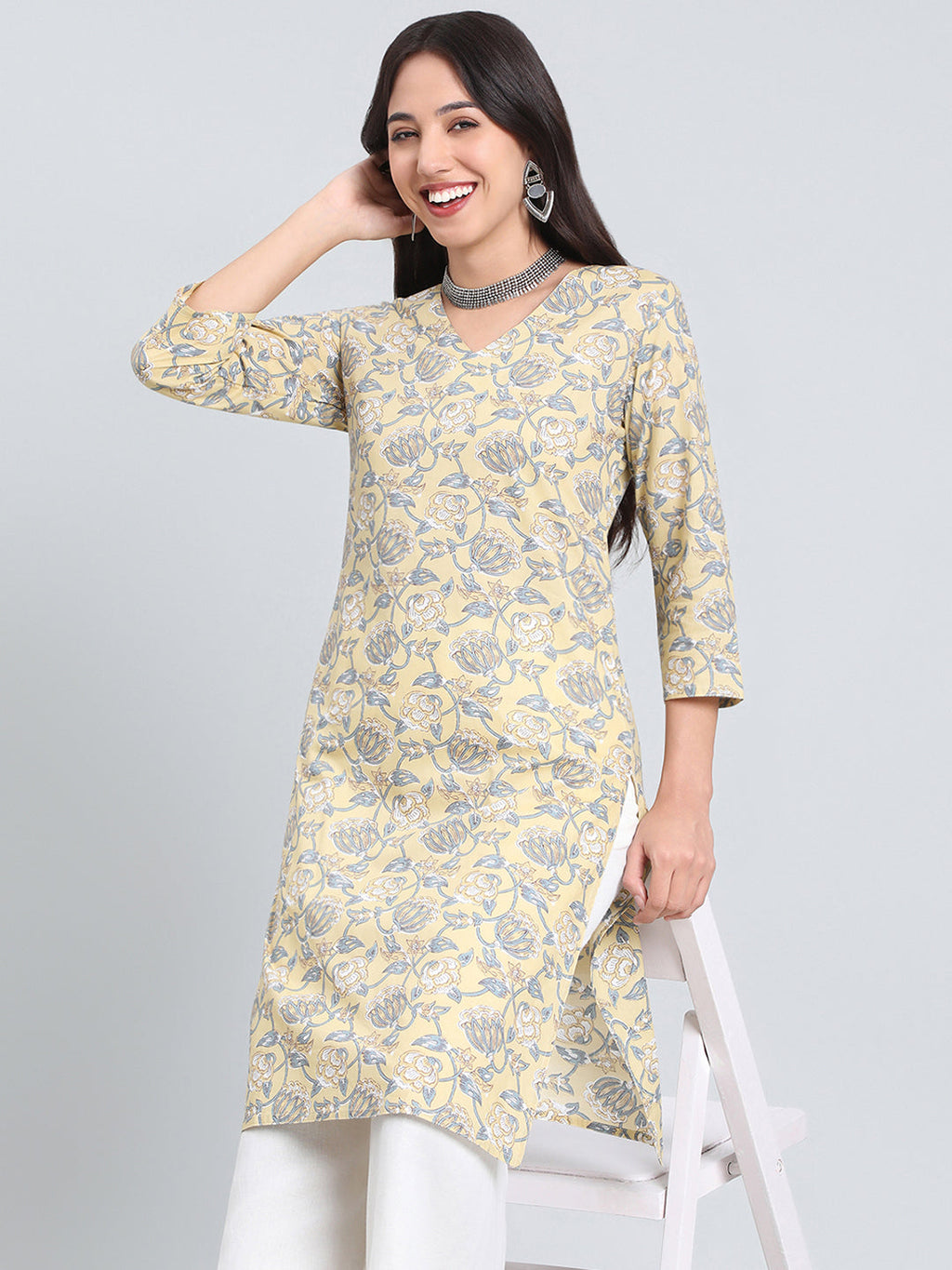 Cotton Floral Block Print Straight Kurta