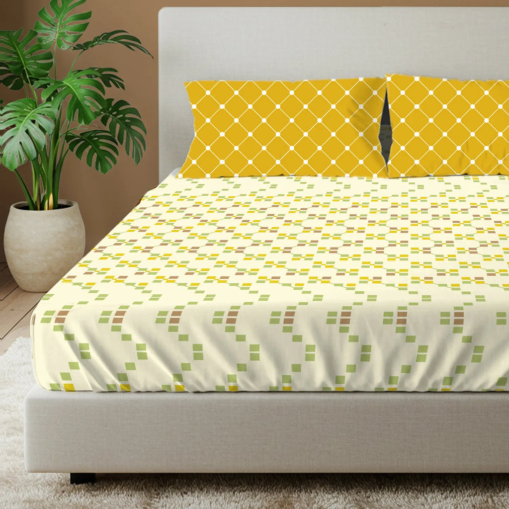 Divine Collection - Cotton Bedsheet With 2 Pillow Covers, Zen Blocks Yellow