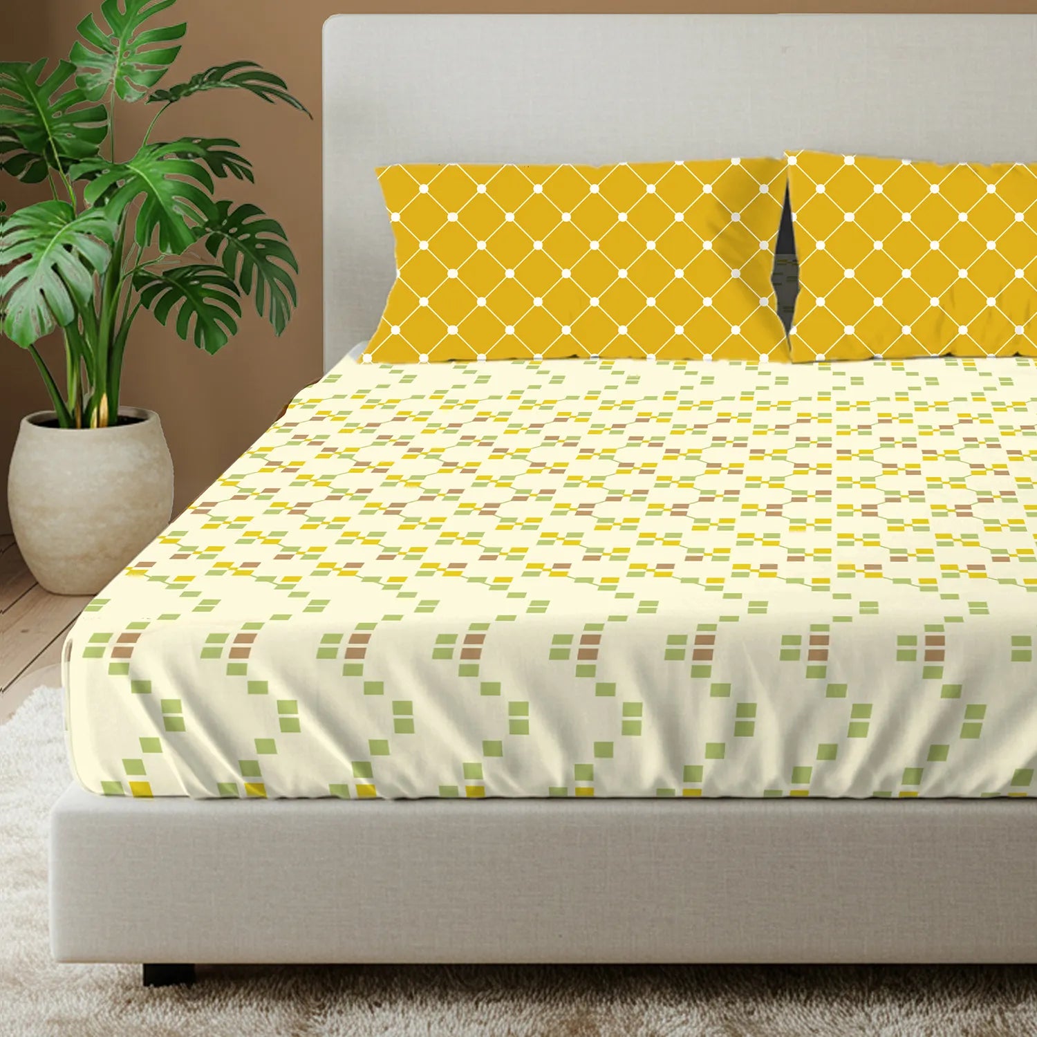 Divine Collection - Cotton Bedsheet With 2 Pillow Covers, Zen Blocks Yellow