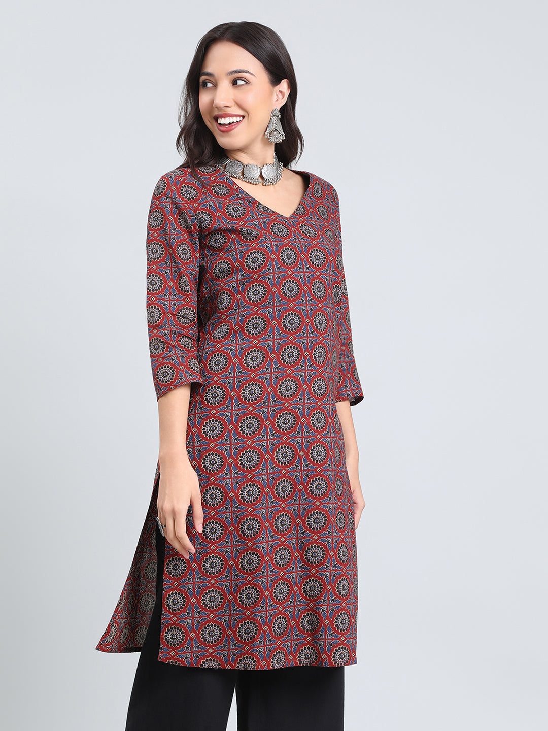 Cotton Ajrakh Medallion Print Straight Kurta