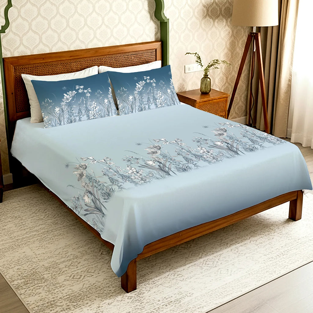 Serene 300 TC 100% Cotton Bedsheet with Pillow Covers, Panel Design - Aranya Blue