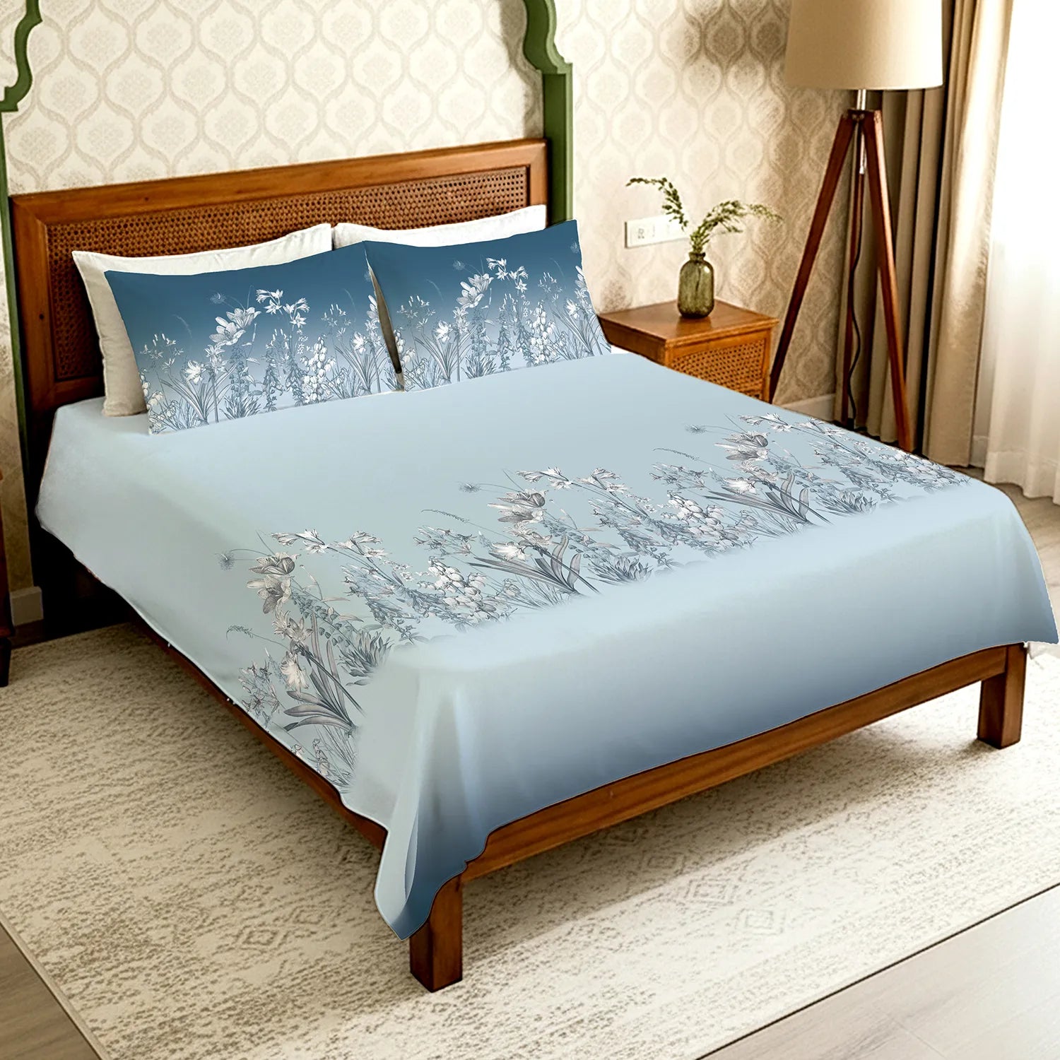 Serene 300 TC 100% Cotton Bedsheet with Pillow Covers, Panel Design - Aranya Blue
