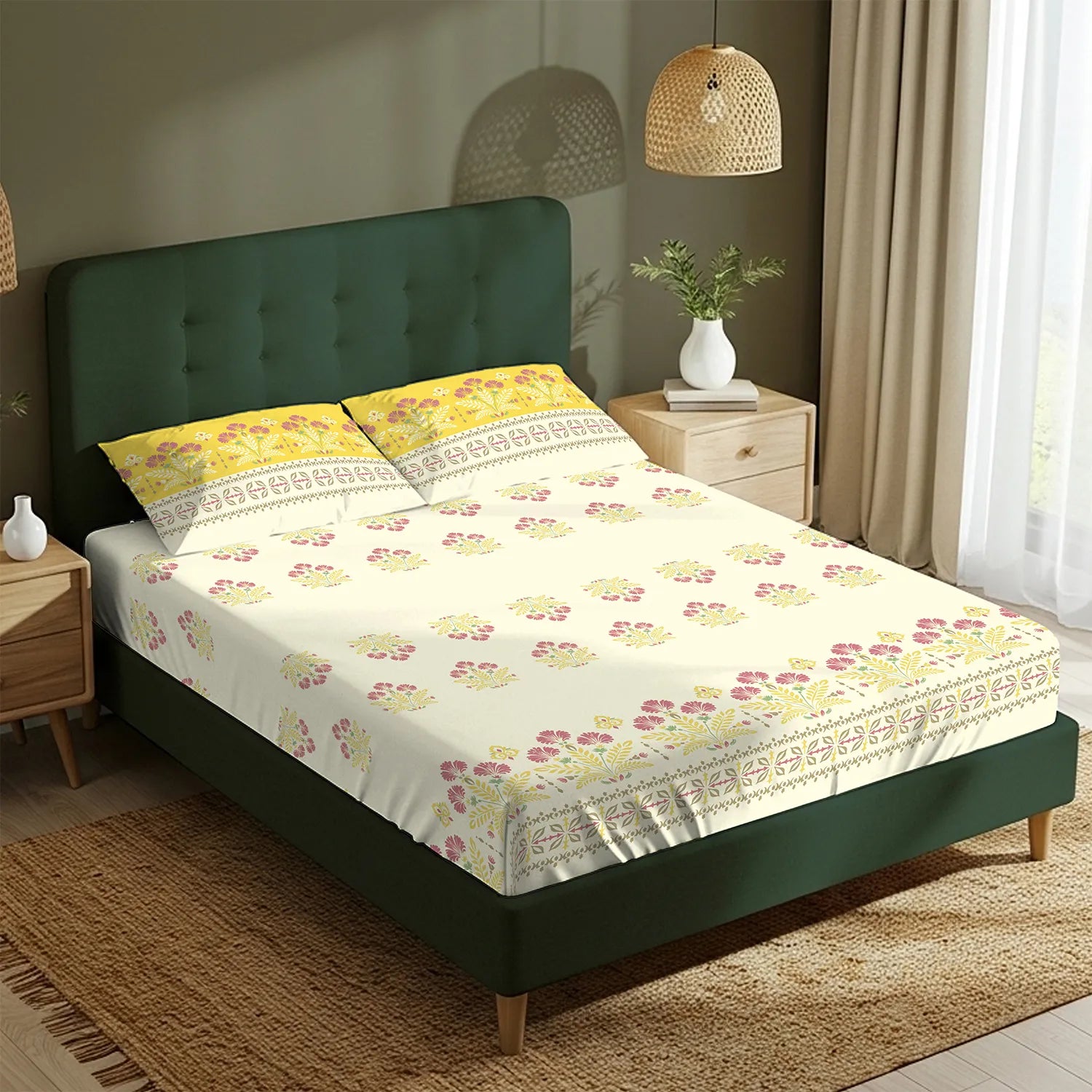 Serene 200 TC 100% Cotton Bedsheet with Pillow Covers - Malhaar Mustard Yellow