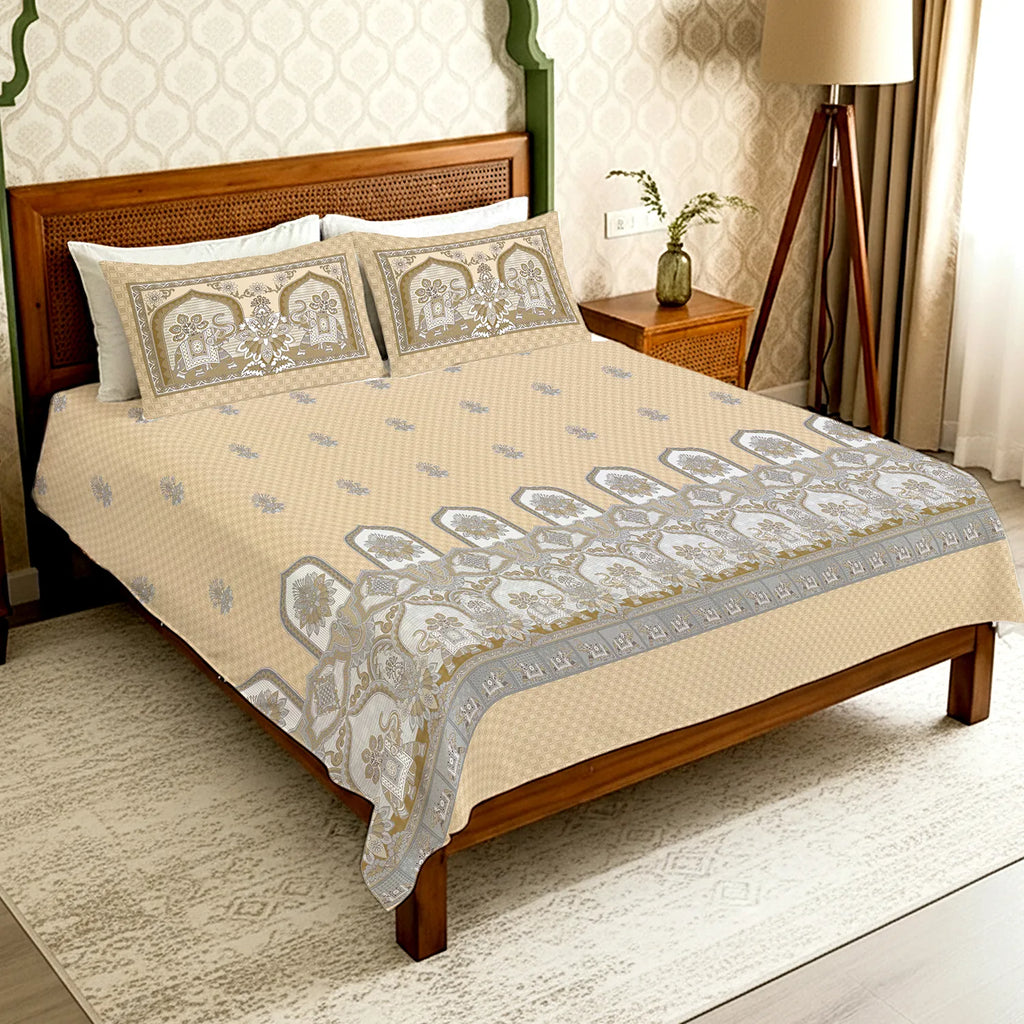 Serene 300 TC 100% Cotton Bedsheet with Pillow Covers, Panel Design - Vanraj Beige