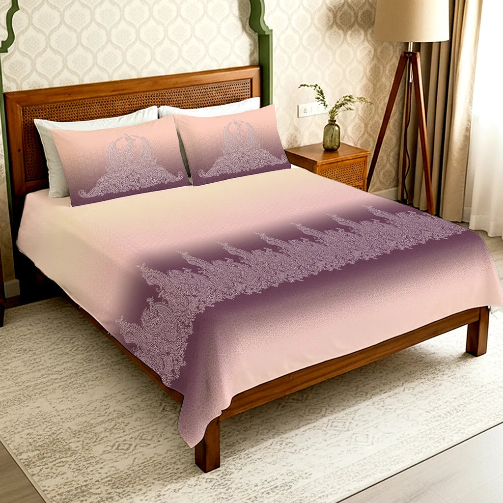 Serene 300 TC 100% Cotton Bedsheet with Pillow Covers, Panel Design - Ruhani Mauve