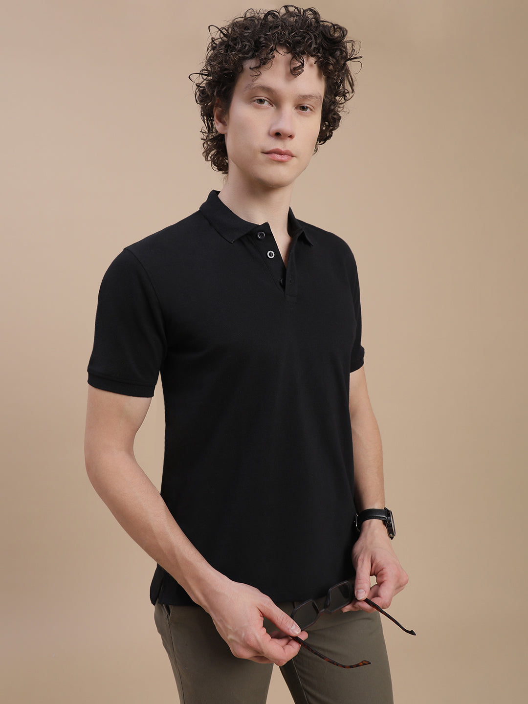 Men Black Johnny Collar T-Shirt