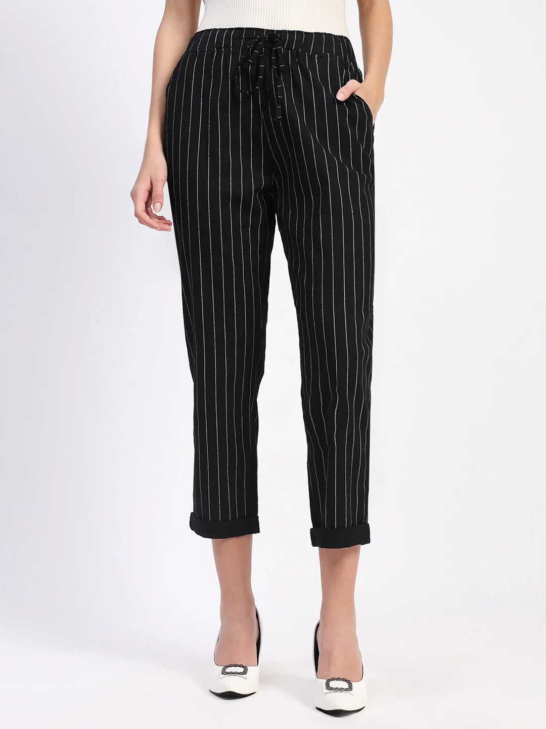 Black Striped Ankle Length Lower