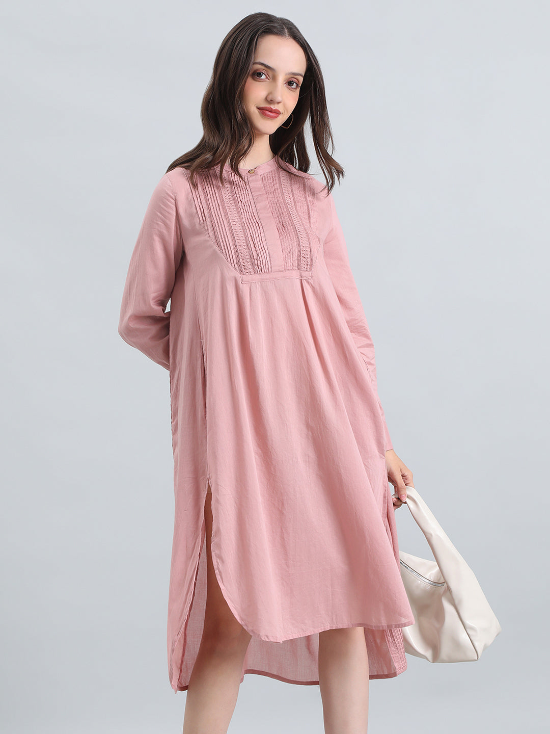 Cotton Pin-Tuck & Lace Trim Mandarin Collar Dress
