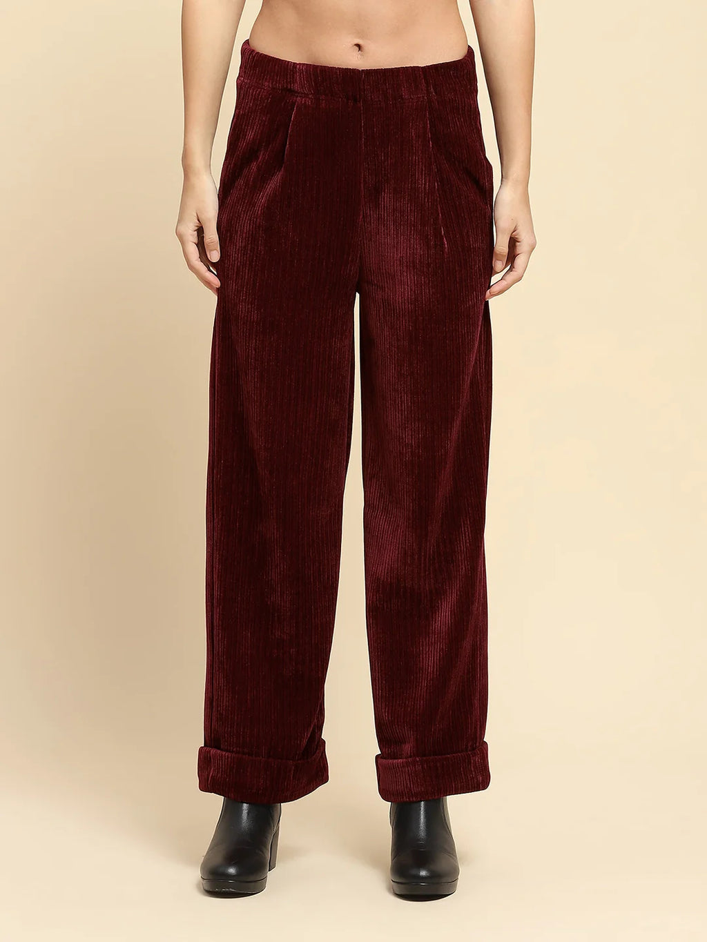 Wine Solid Loose Fit Lower