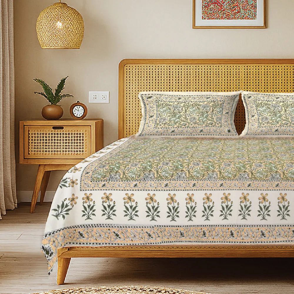 Rajasthani Ethnic 100% Cotton Bedsheet with 2 Pillow Covers, Double & King Bed - Rangrez Yellow