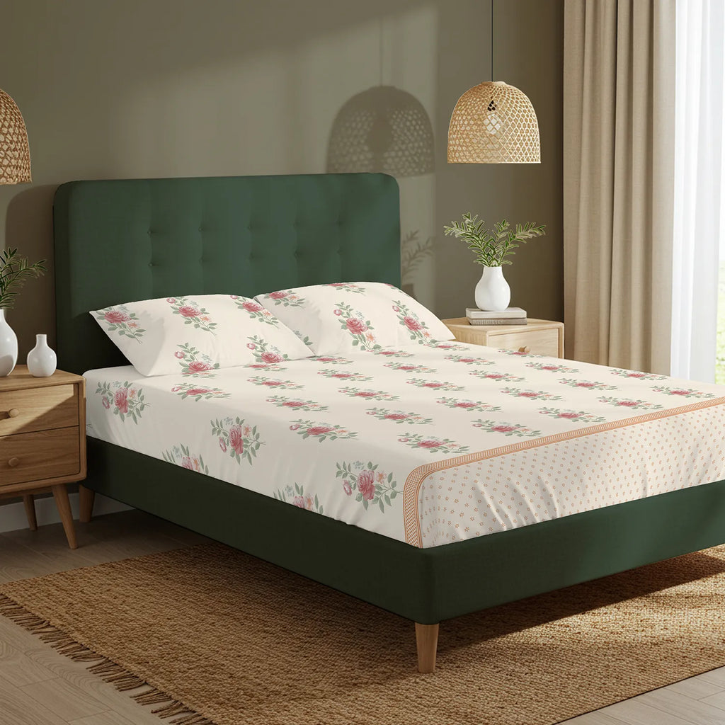 Serene 200 TC 100% Cotton Bedsheet with Pillow Covers - Vintage Rose Buttercream