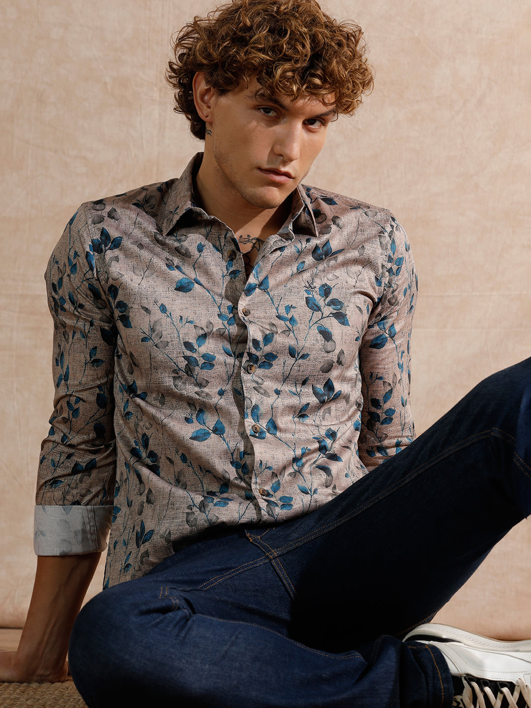 Printed Satin Slim Fit Shirt | Khaki