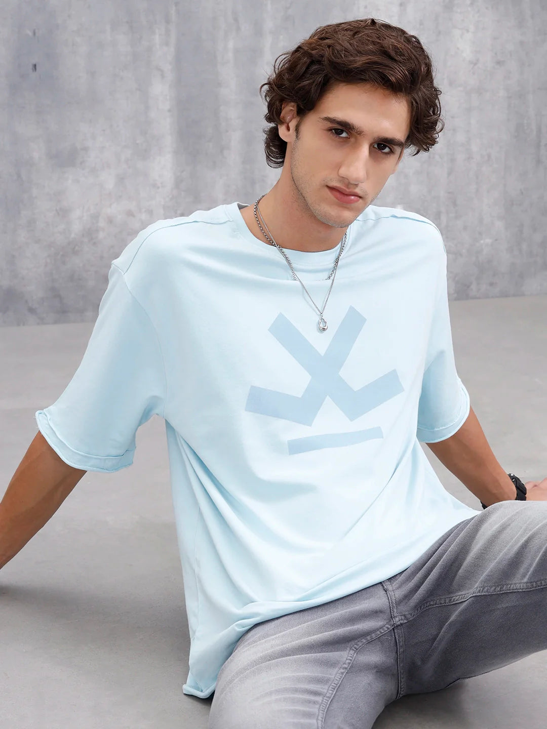 Wrogn Logo Raw-Edged Tee | Light Blue
