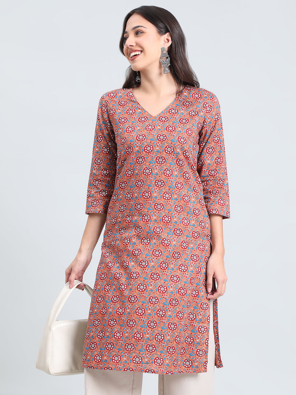 Cotton Ajrakh Floral Print Straight Kurta