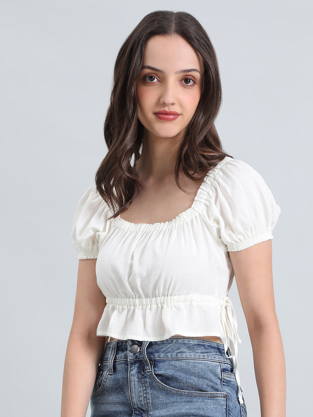 Linen Blend Square Neck Cropped Gathered Blouse