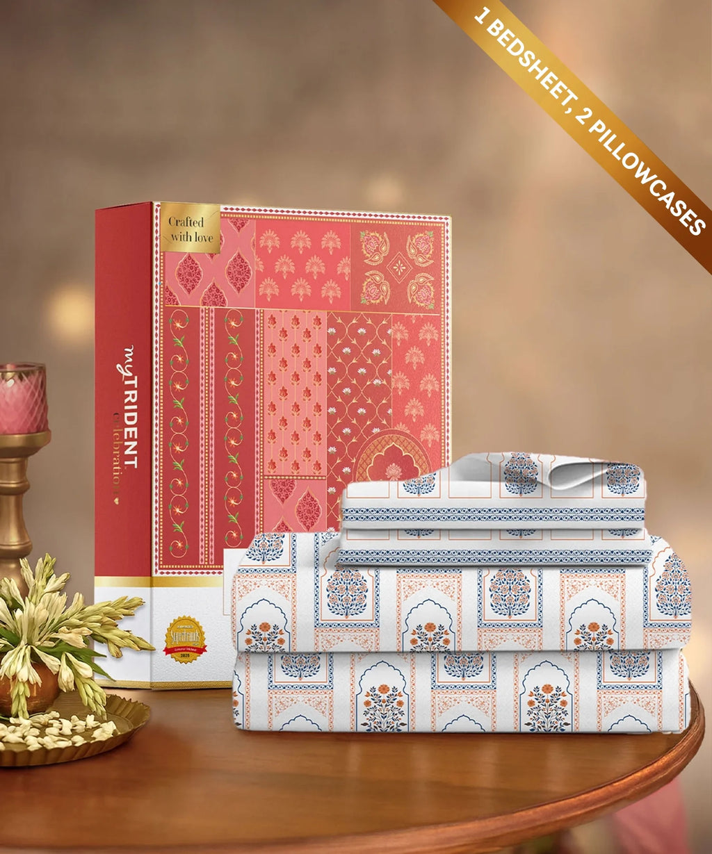Celebration Queen Bedsheet Set, Mehira Grey | 144 TC Cotton| 2 Pillow Covers
