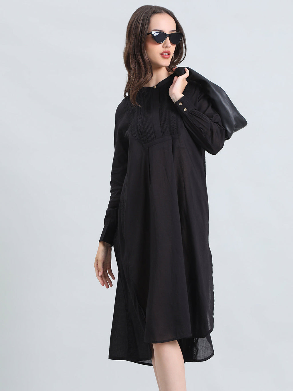 Cotton Pin-Tuck & Lace Trim Mandarin Collar Dress