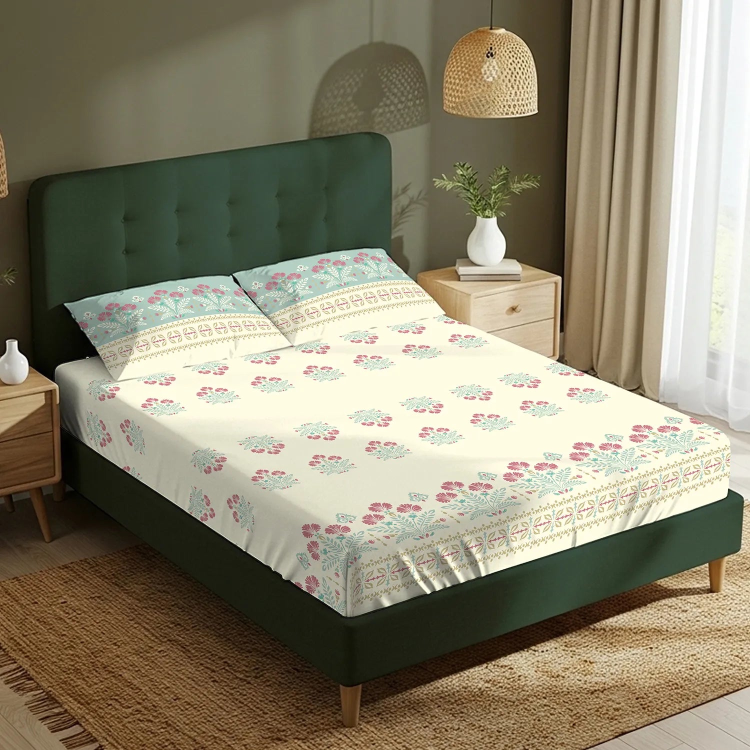 Serene 200 TC 100% Cotton Bedsheet with Pillow Covers - Malhaar Dusty Blue