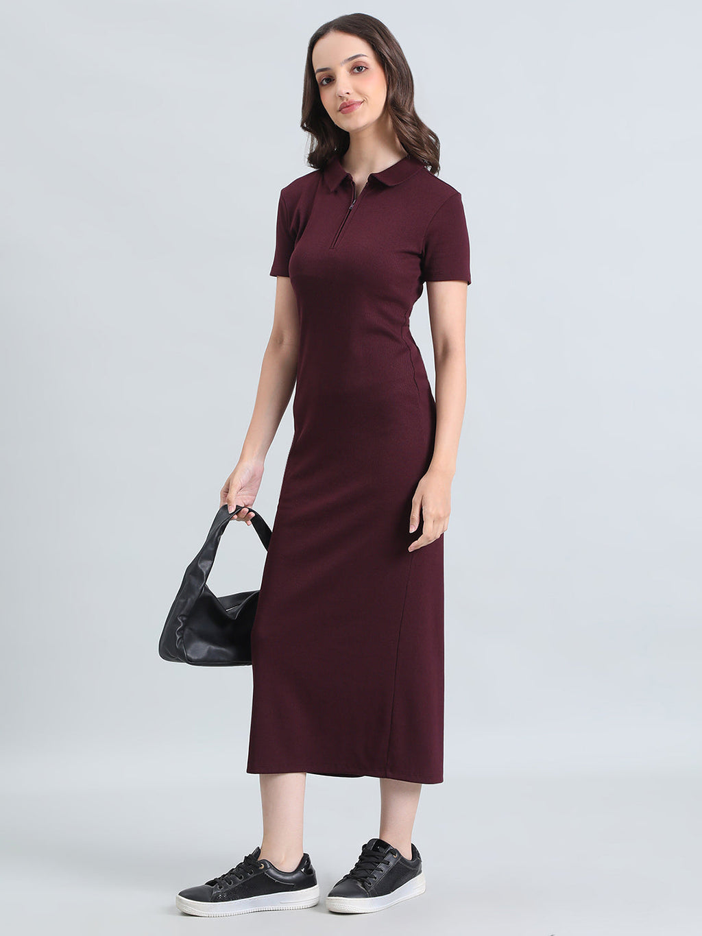Rib Cotton Slim Fit Polo Neck Long Dress
