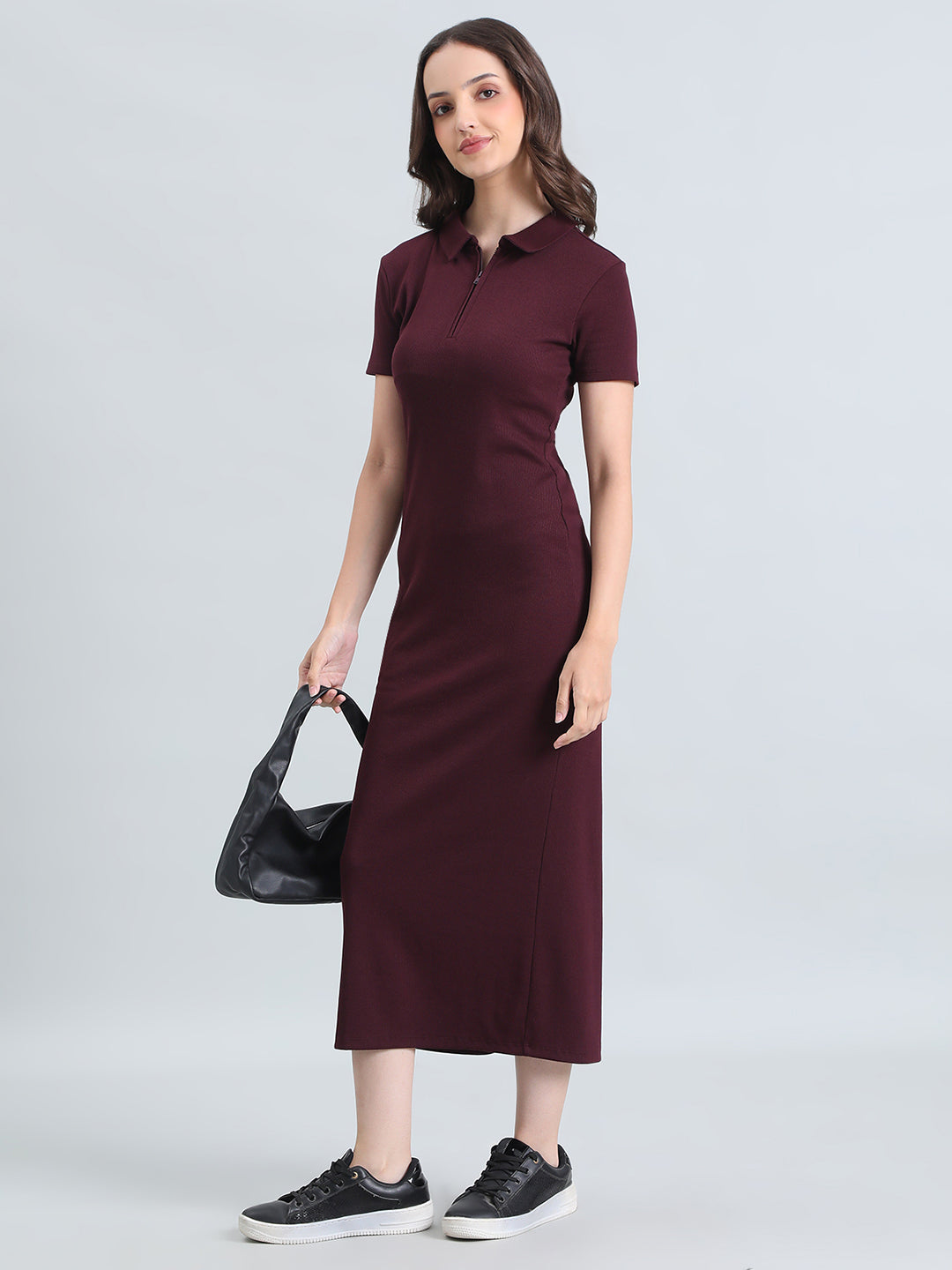 Rib Cotton Slim Fit Polo Neck Long Dress