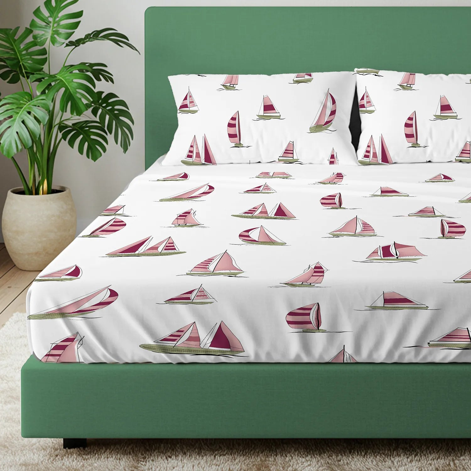 Divine Collection - Cotton Bedsheet With 2 Pillow Covers, Ocean Boats Maroon