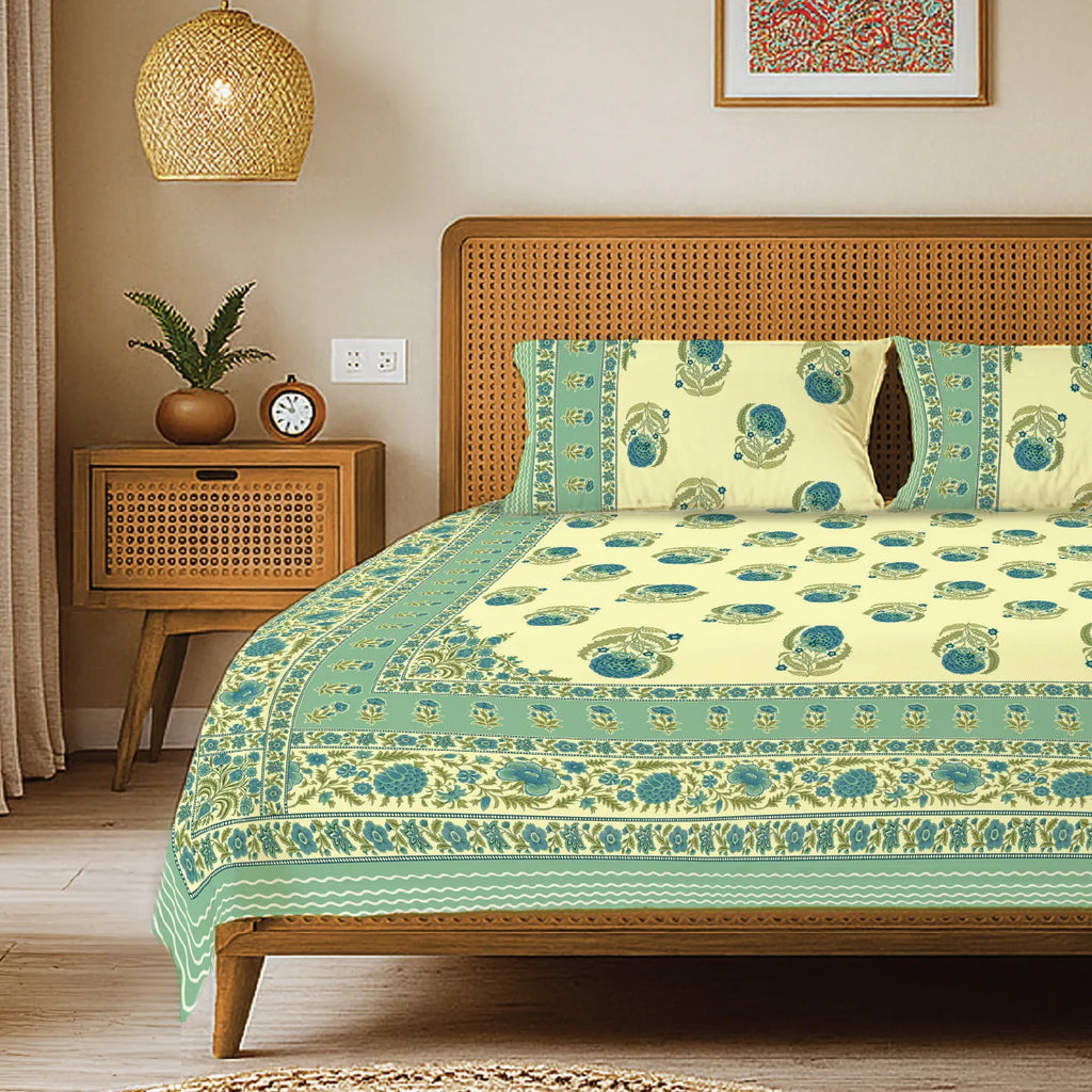 Rajasthani Ethnic 100% Cotton Bedsheet with 2 Pillow Covers - Chandbali Sage Green