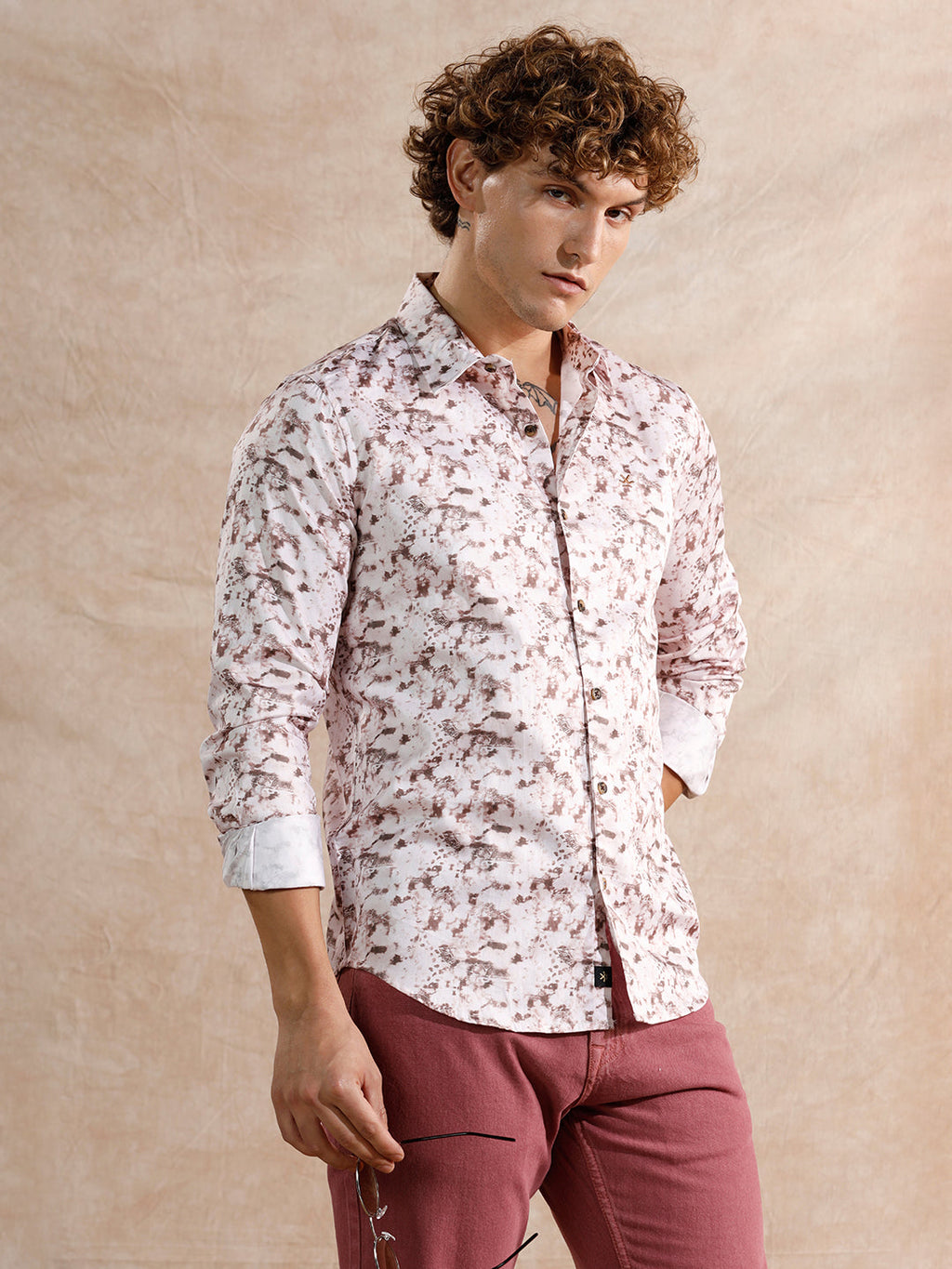 Printed Satin Slim Fit Shirt | Brown