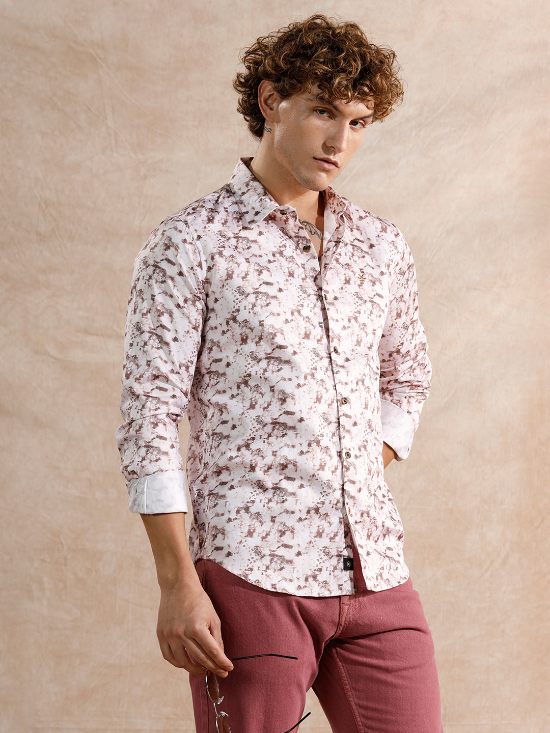 Printed Satin Slim Fit Shirt | Brown